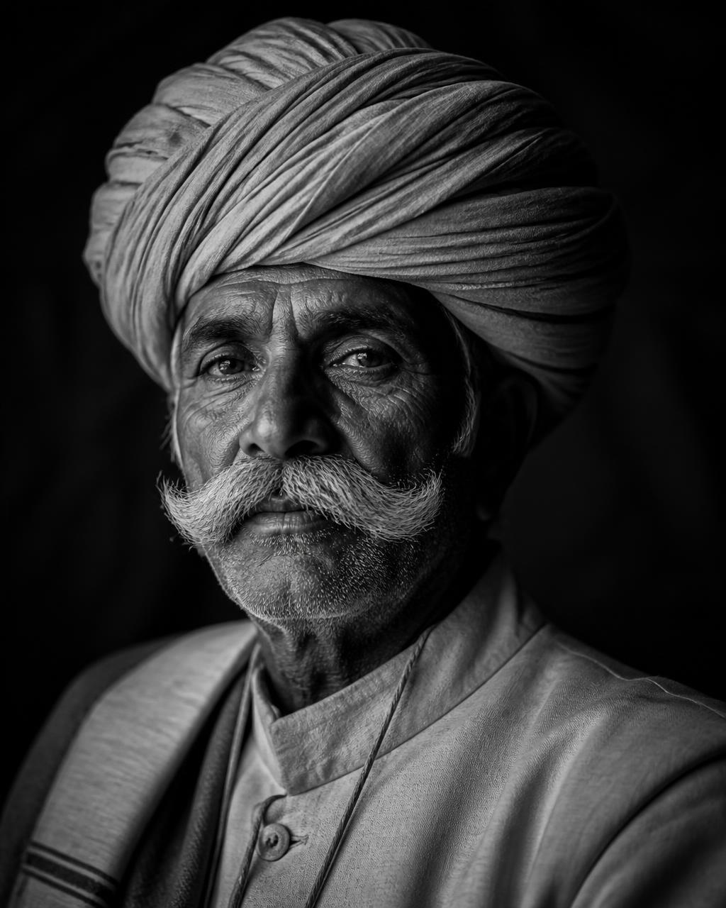 Black and white portrait of an elder Rajasthani man in a turban